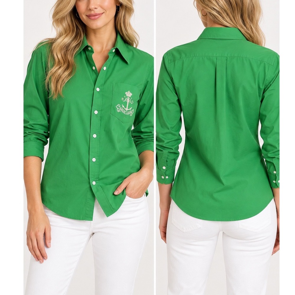 New Ralph Lauren Women's Button Down Shirt Green Cotton Embroidered Crest Sz 10